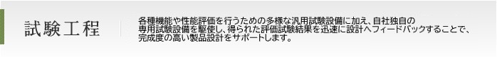 試験工程 各種機能・性能評価に適した自社独自の専用試験設備を駆使し、得られた評価試験結果を迅速に設計へフィードバックすることで、完成度の高い製品設計をサポートします。