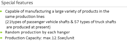 Special features:*Manufacturing wide variety of products without changing dies*Random production by each hanger *Cycle time: 12.5sec/piece