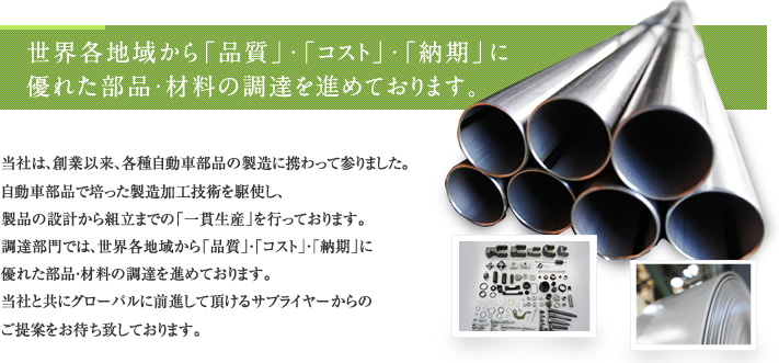 世界各地域から「品質」・「コスト」・「納期」に優れた部品・材料の調達を進めております。