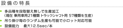 多品種を段取替え無しで生産加工（現在19種類を生産）吊り掛け毎のランダム生産も可能で小ロット対応可能設備能力　12.5sec/本設備の特長